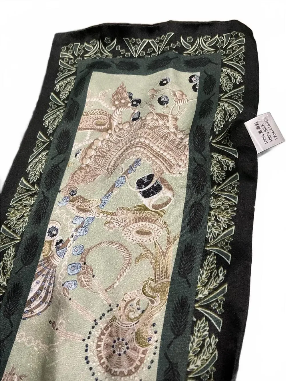 Elegant Silk Green and Beige/Gold Patterned Scarf with Intricate Border Design